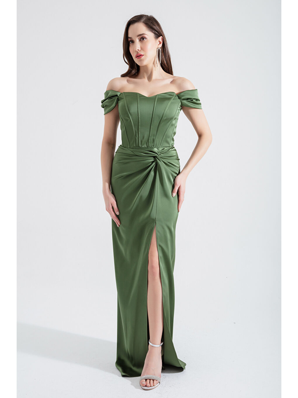 Kadın Yeşil Balen Korseli Uzun Saten Abiye Elbise