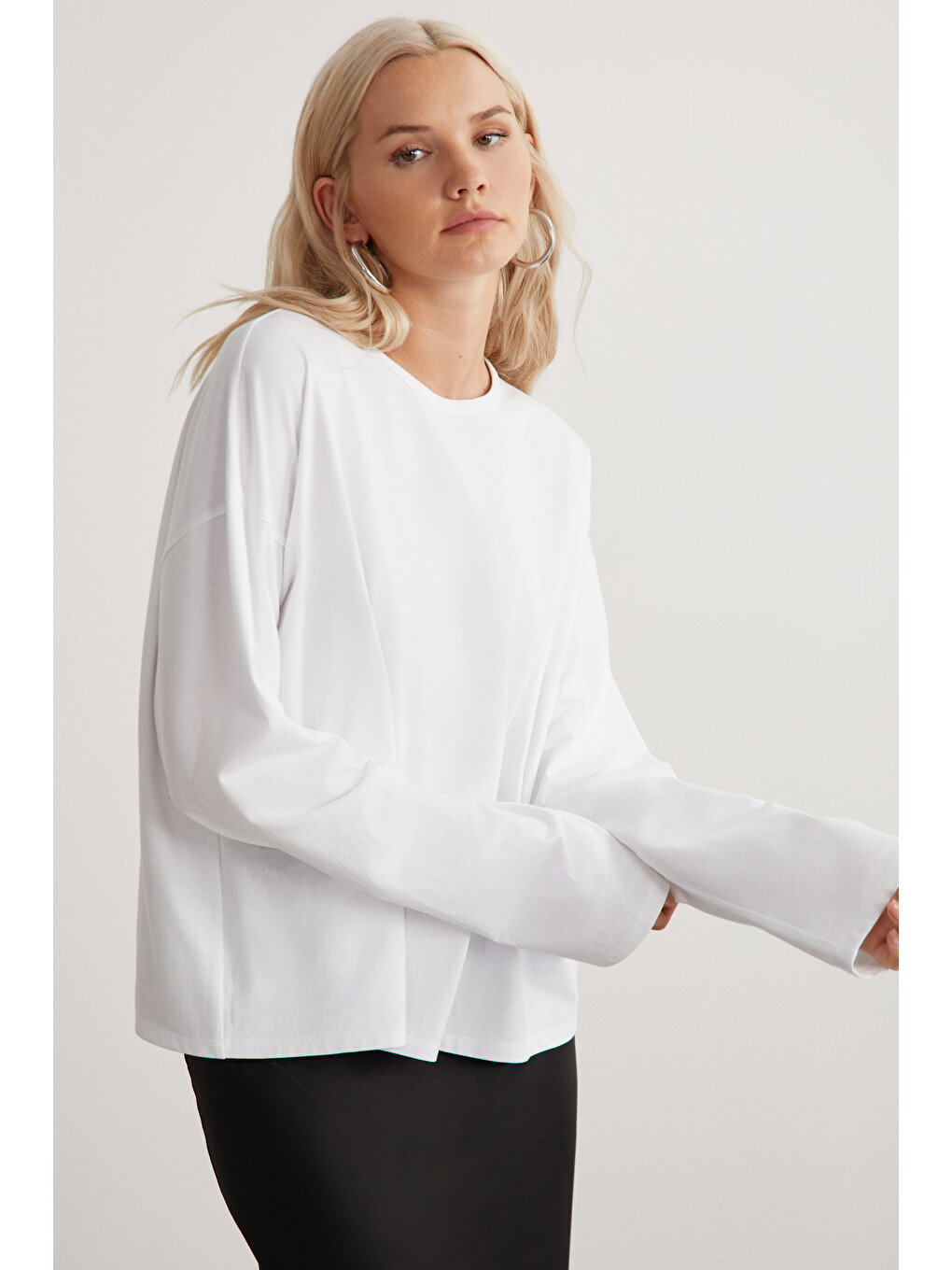 Beyaz BASIL Kadını Oversize %100 Organik Pamuk Örme Uzun Kol BEYAZ T-Shirt-4