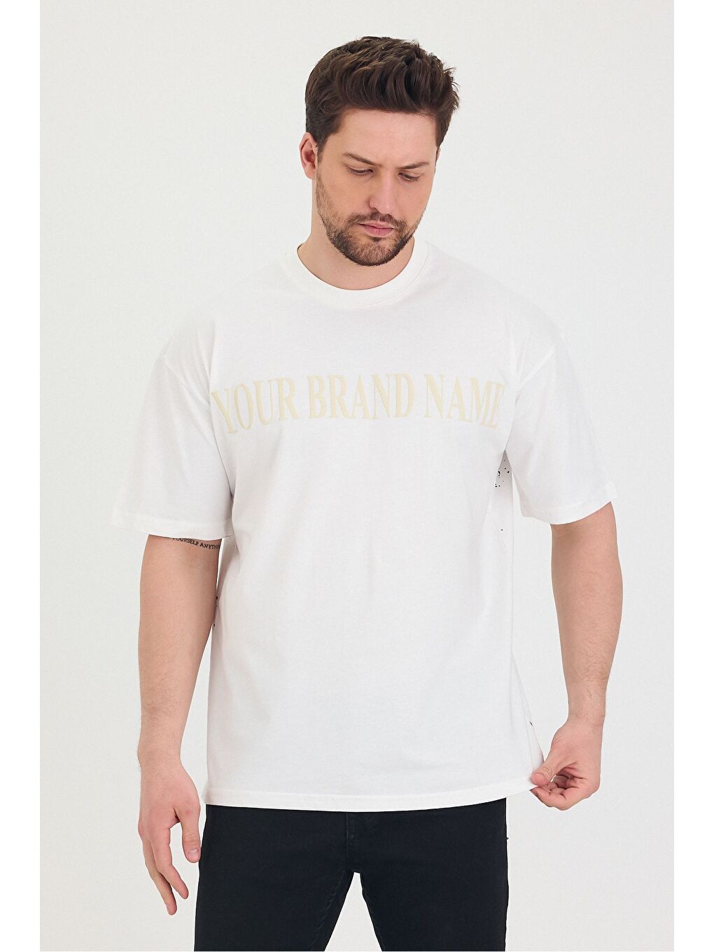 Beyaz Bisiklet Yaka Oversize Ön ve Arka Dolar Baskılı Salaş Unisex Tişört-4