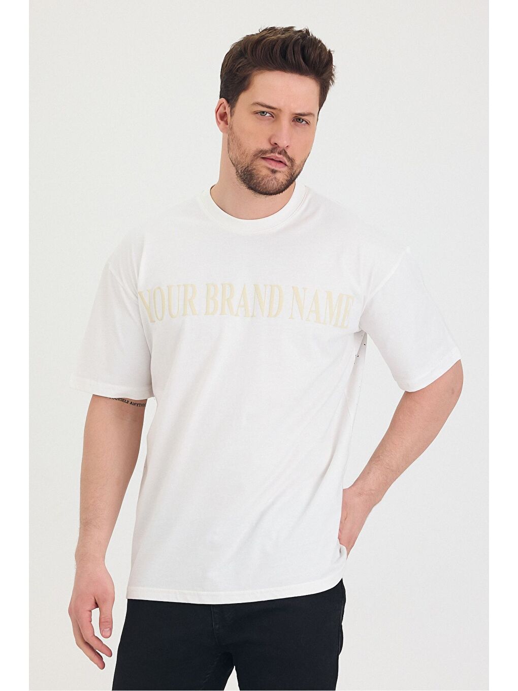 Beyaz Bisiklet Yaka Oversize Ön ve Arka Dolar Baskılı Salaş Unisex Tişört-5