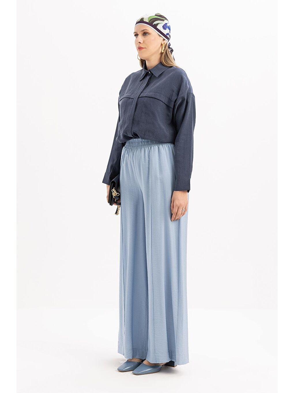 Mavi-Beli Lastikli Geniş Paça Pantolon-2