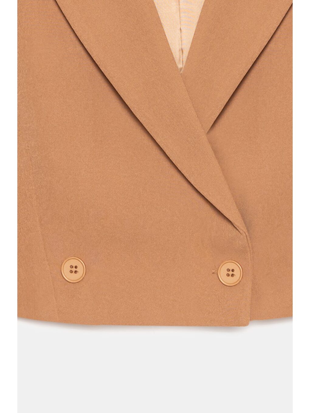 Kahverengi Kamel Kadın Regular Fit Kruvaze Kapama Dokuma Crop Blazer Ceket -Şık & Spor-2