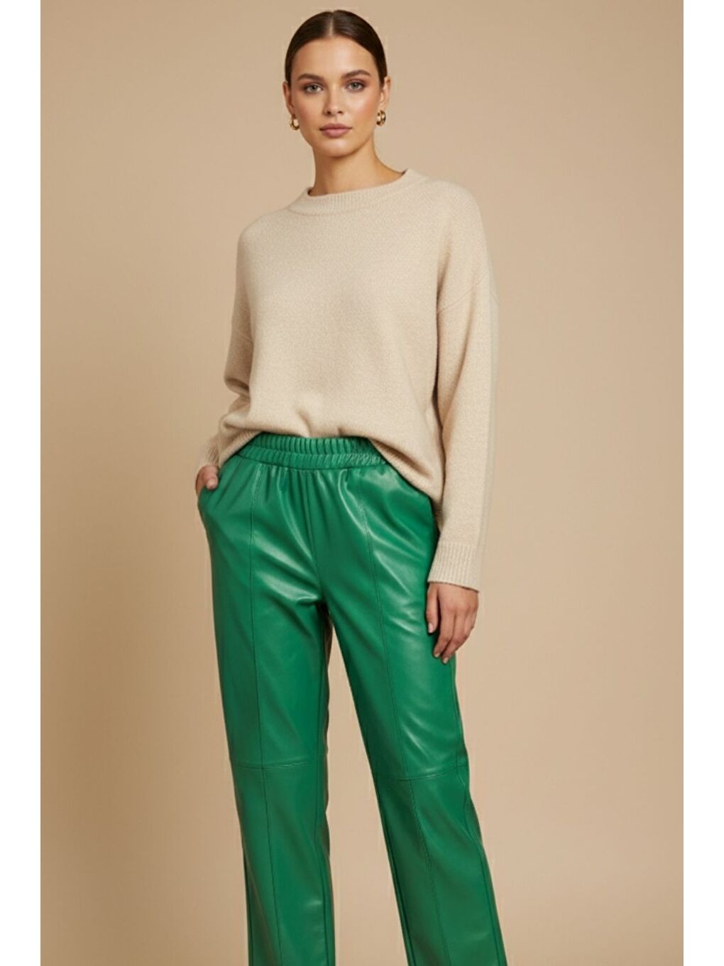 Deri Görünümlü Yeşil Jogger Pantolon-1