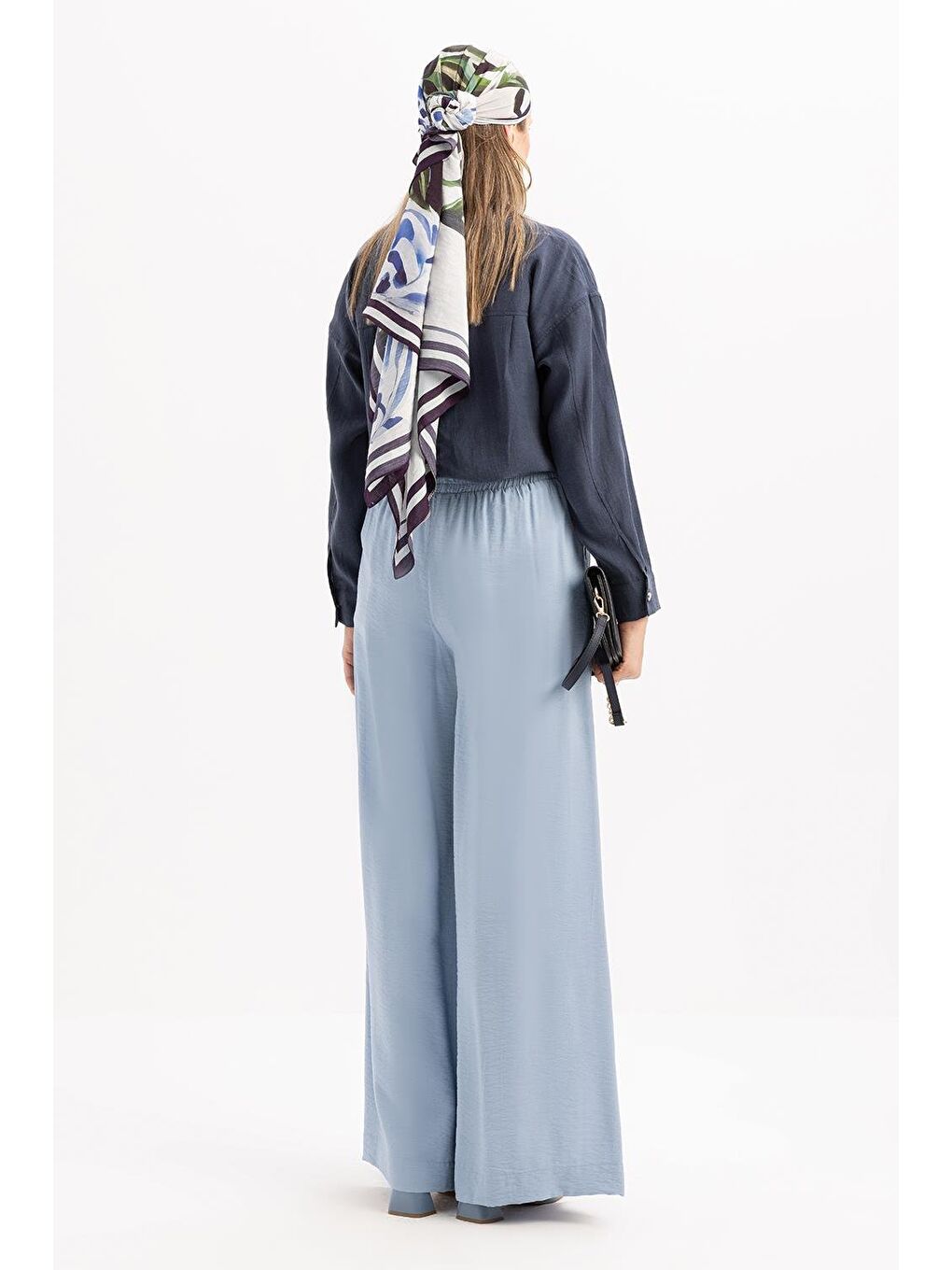 Mavi-Beli Lastikli Geniş Paça Pantolon-3