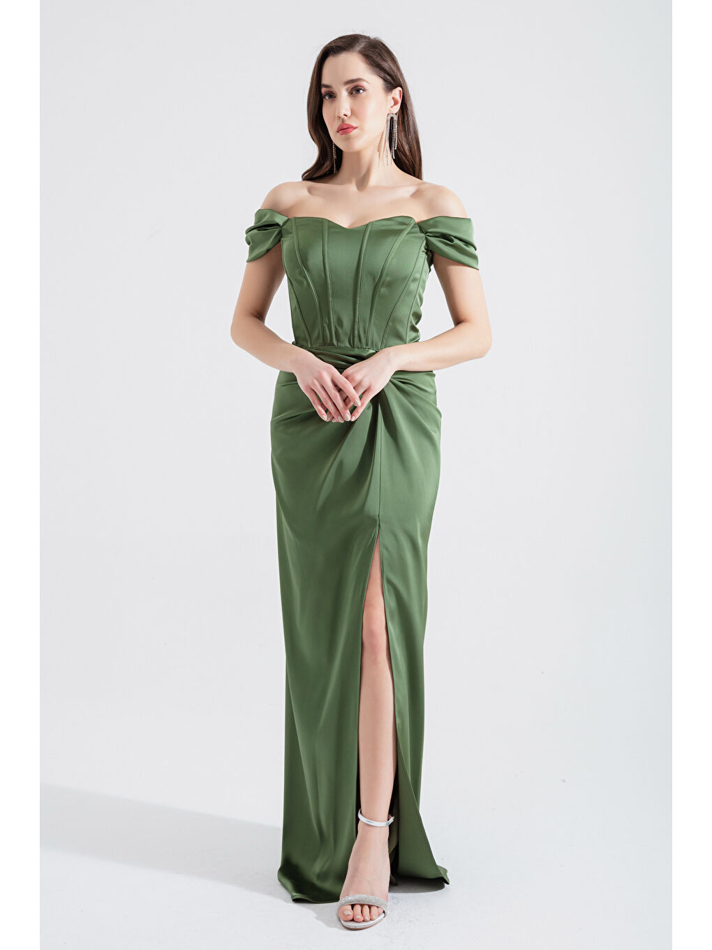 Kadın Yeşil Balen Korseli Uzun Saten Abiye Elbise-1