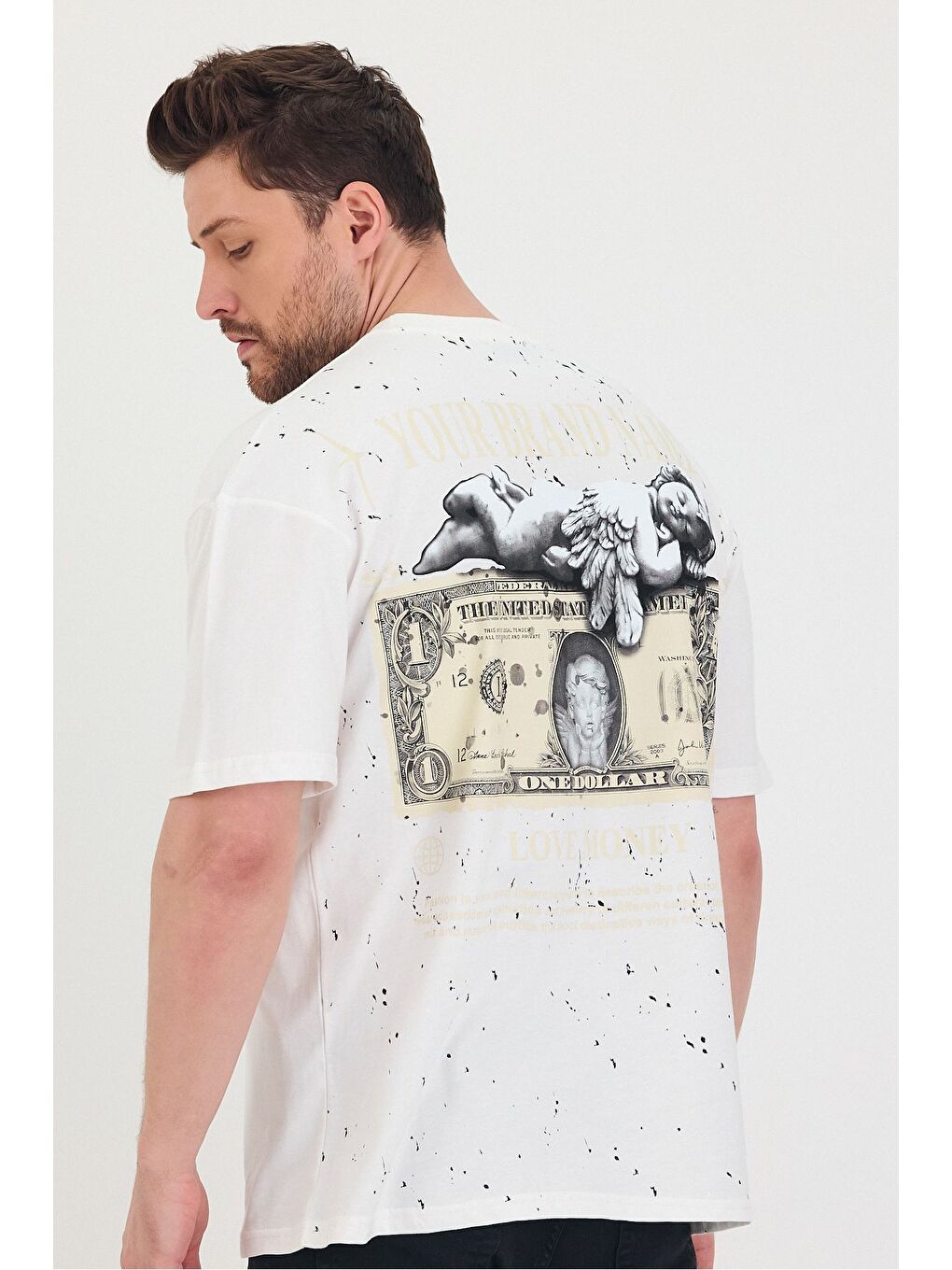 Beyaz Bisiklet Yaka Oversize Ön ve Arka Dolar Baskılı Salaş Unisex Tişört-7
