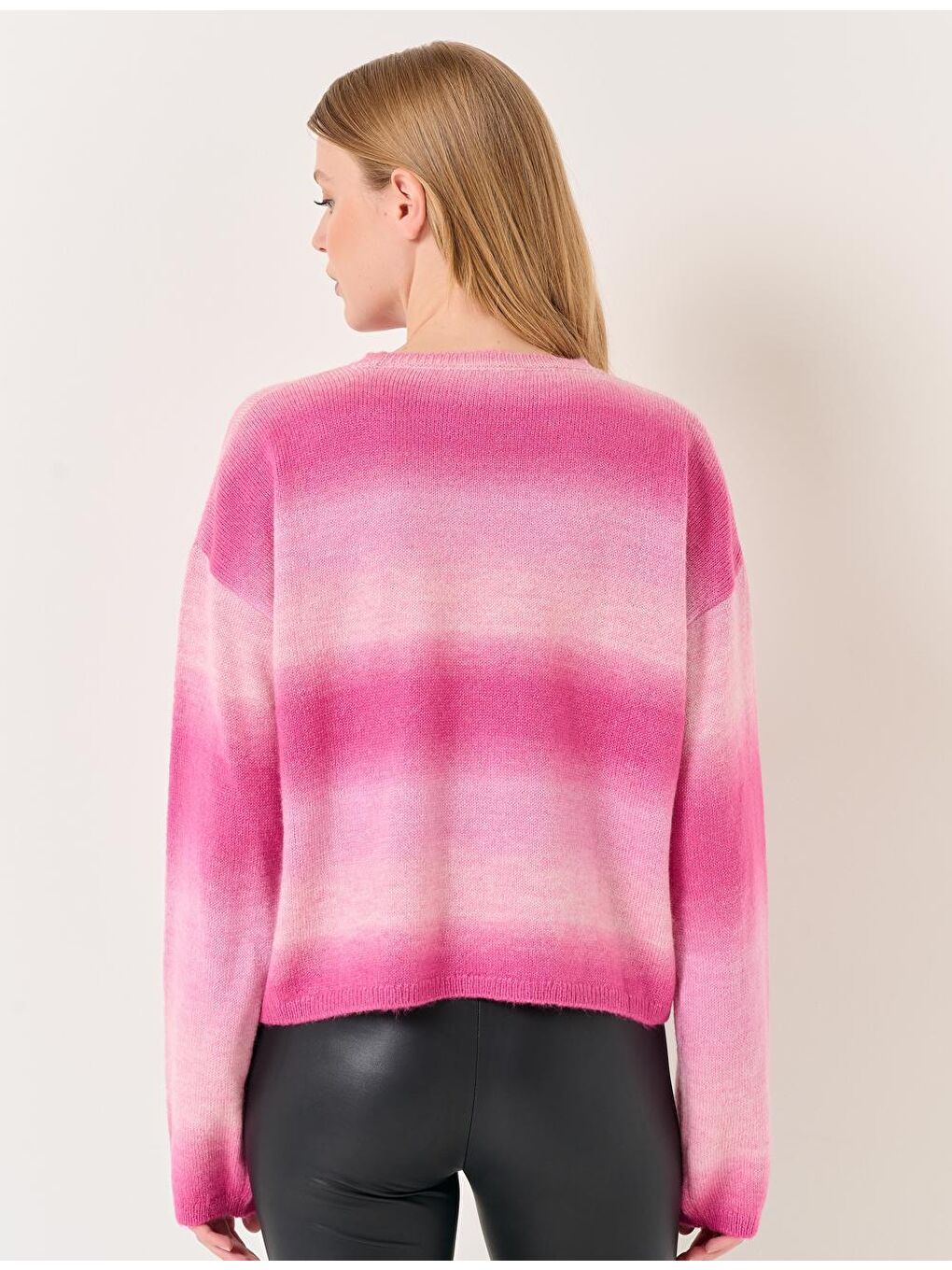 Pembe Uzun Kollu Bisiklet Yaka Renk Bloklu Kazak-5