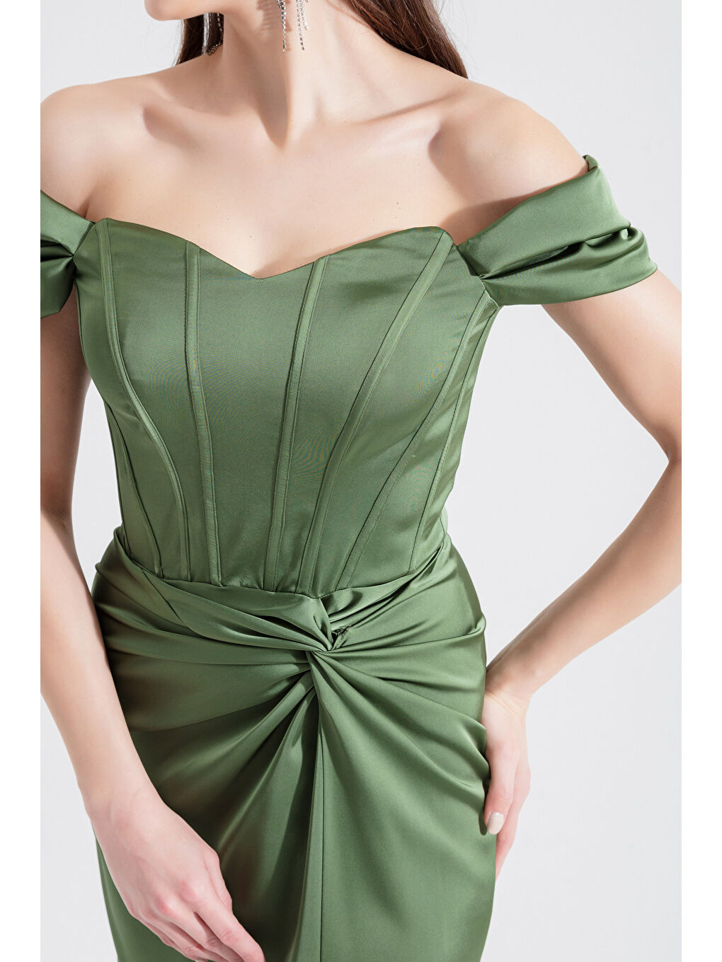 Kadın Yeşil Balen Korseli Uzun Saten Abiye Elbise-2