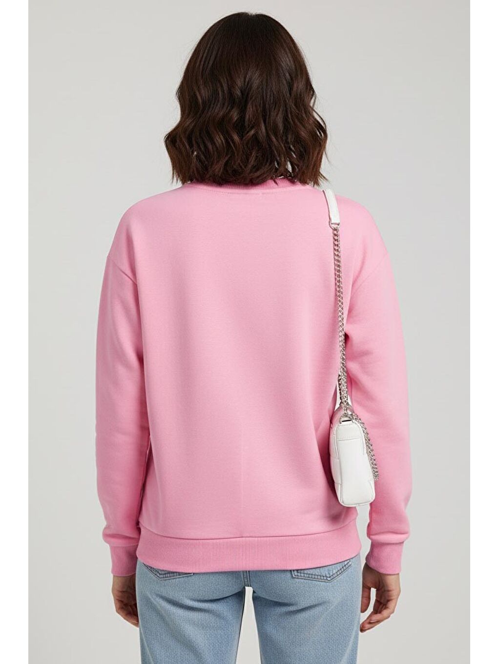 Kadın Bisiklet Yaka Oversize Sweatshirt Pembe - 27955-PEMBE-2