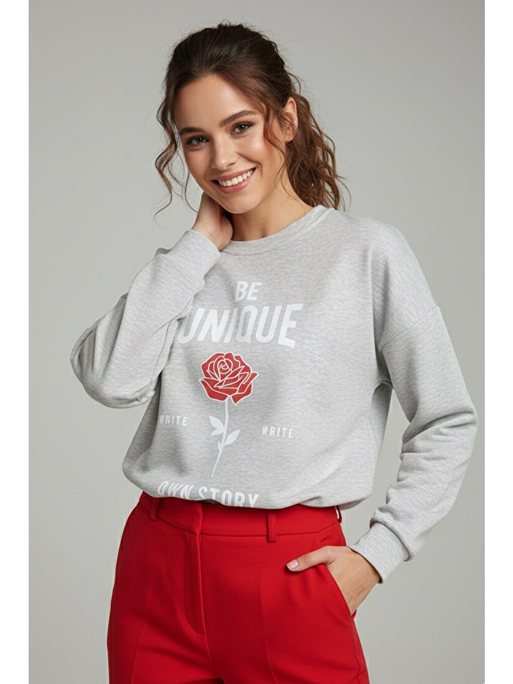 Baskılı İki İplik Sweatshirt Gri - 27992-GRI-1