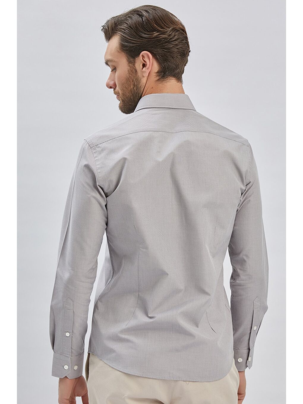 Gri Uzun Kollu Bez Ayağı Sert Yaka Cepsiz Pamuklu Klasik Slim Fit Dar Kesim Gömlek 1004240230-4