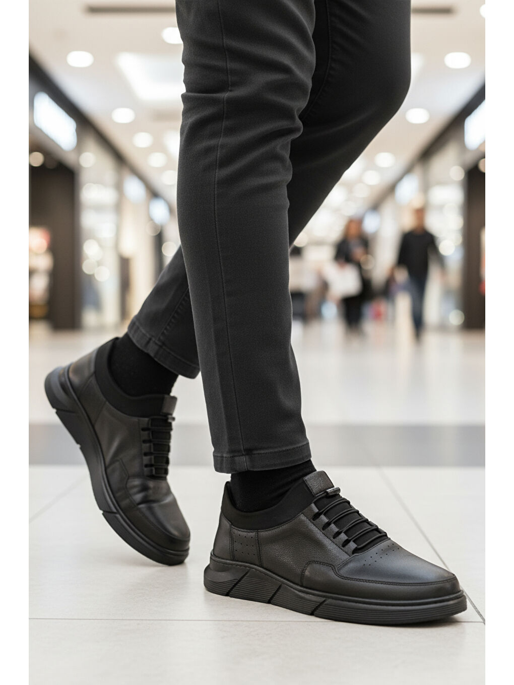 Siyah Hakiki Deri Lastik Bağcıklı Erkek Casual Ayakkabı 137 M-2