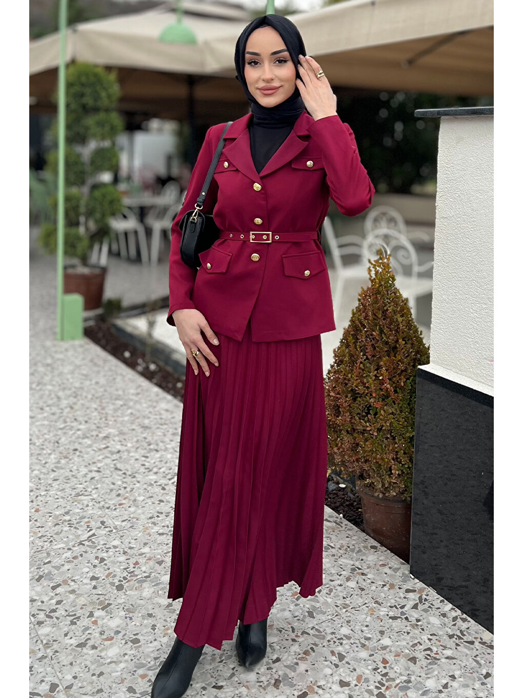 Bordo Kadın Kemer Aksesuarlı Blazer Ceket Etek Tesettür İkili Takım-3