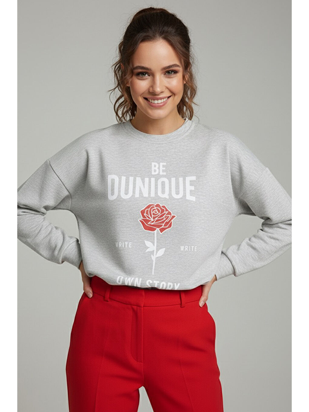 Baskılı İki İplik Sweatshirt Gri - 27992-GRI-2