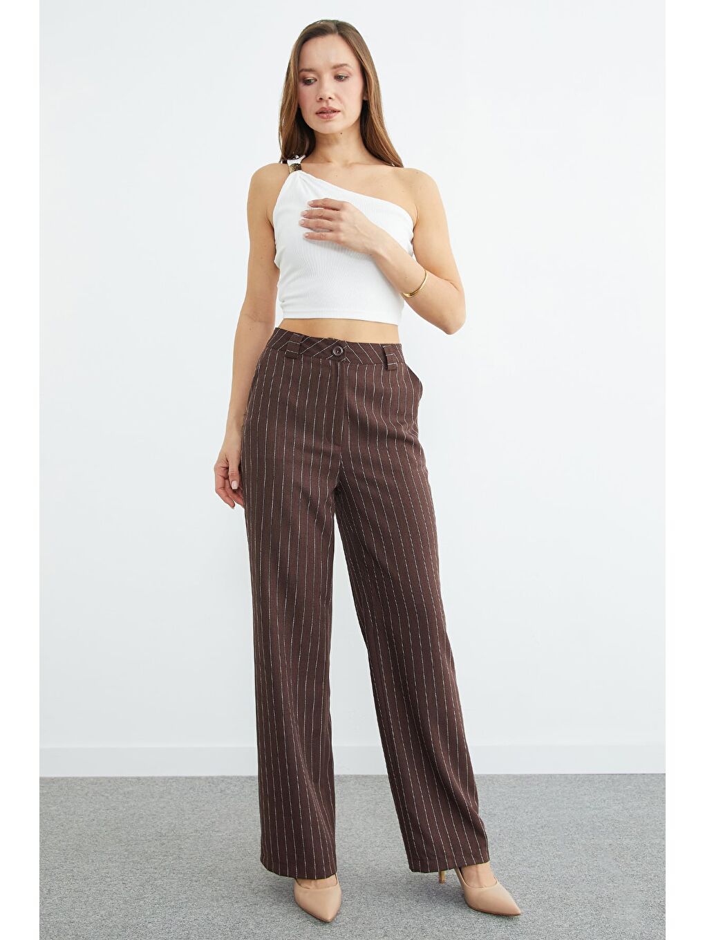 Kahverengi Çizgili Yüksek Bel Palazzo Pantolon-2