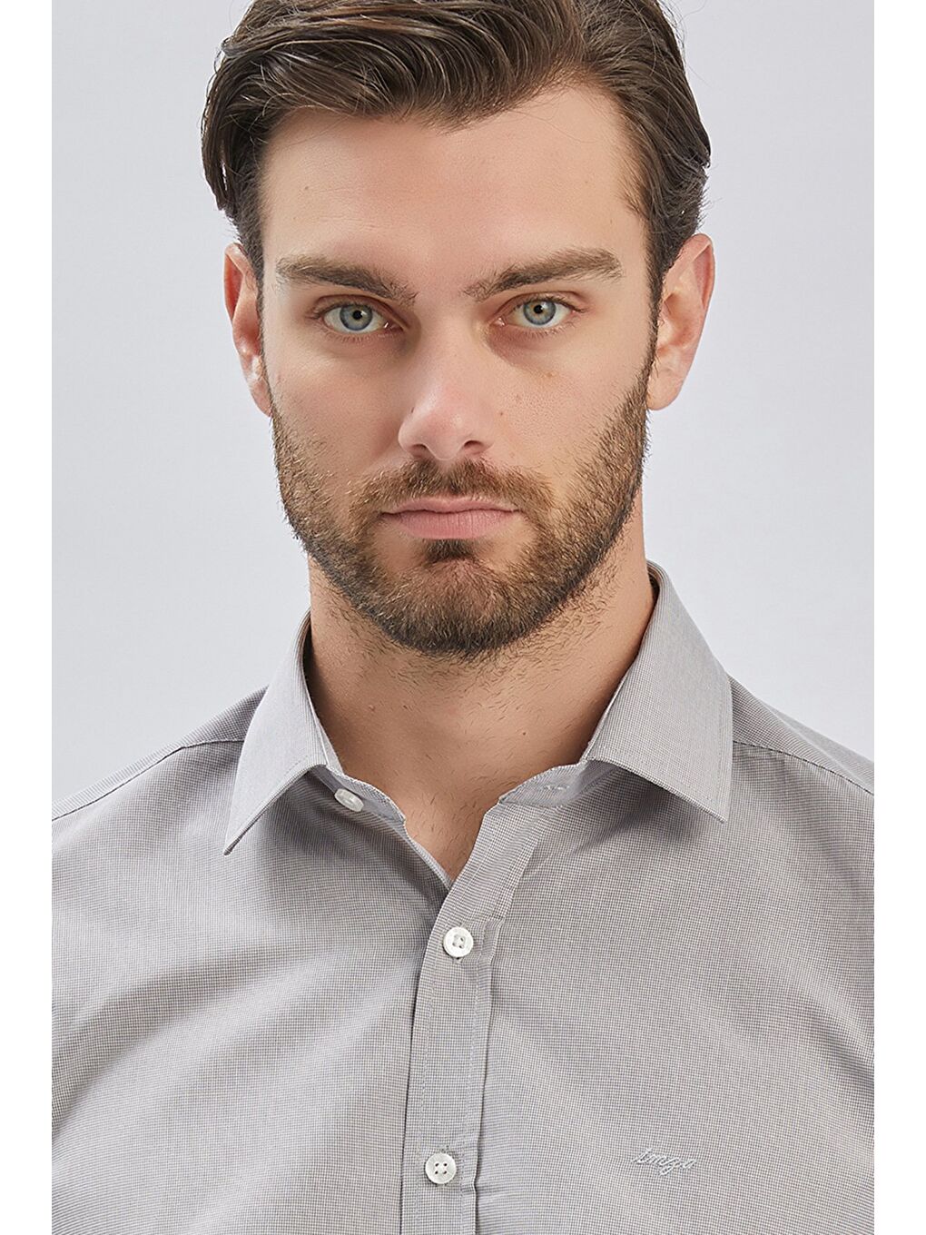 Gri Uzun Kollu Bez Ayağı Sert Yaka Cepsiz Pamuklu Klasik Slim Fit Dar Kesim Gömlek 1004240230-5