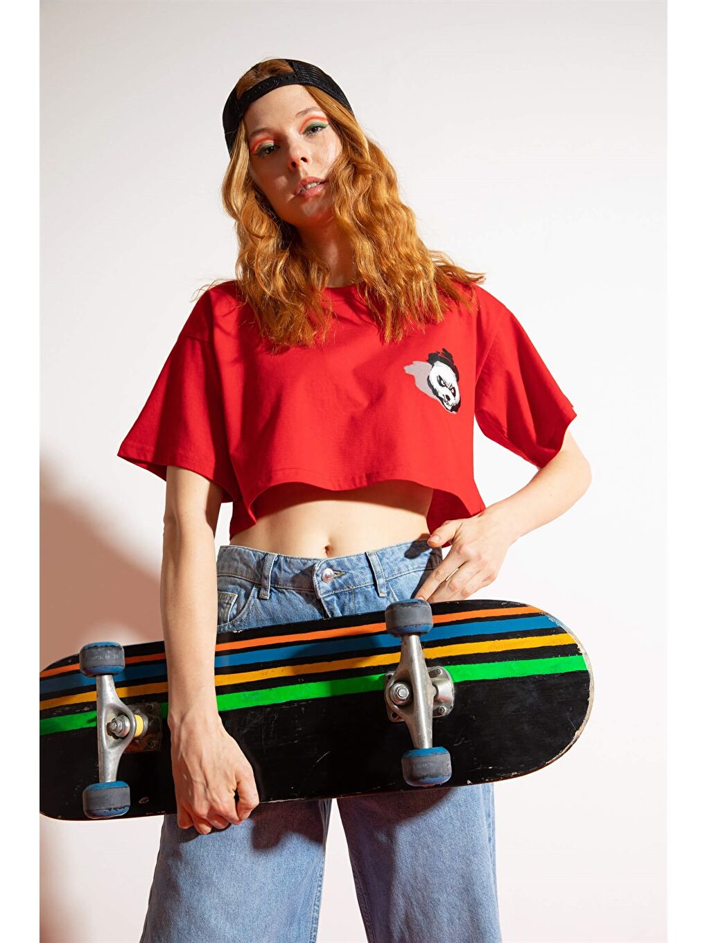 Kadın Kısa Shadow Panda Kırmızı T-Shirt