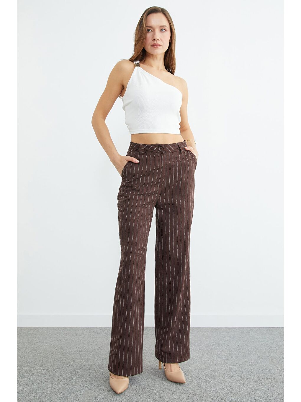 Kahverengi Çizgili Yüksek Bel Palazzo Pantolon-3