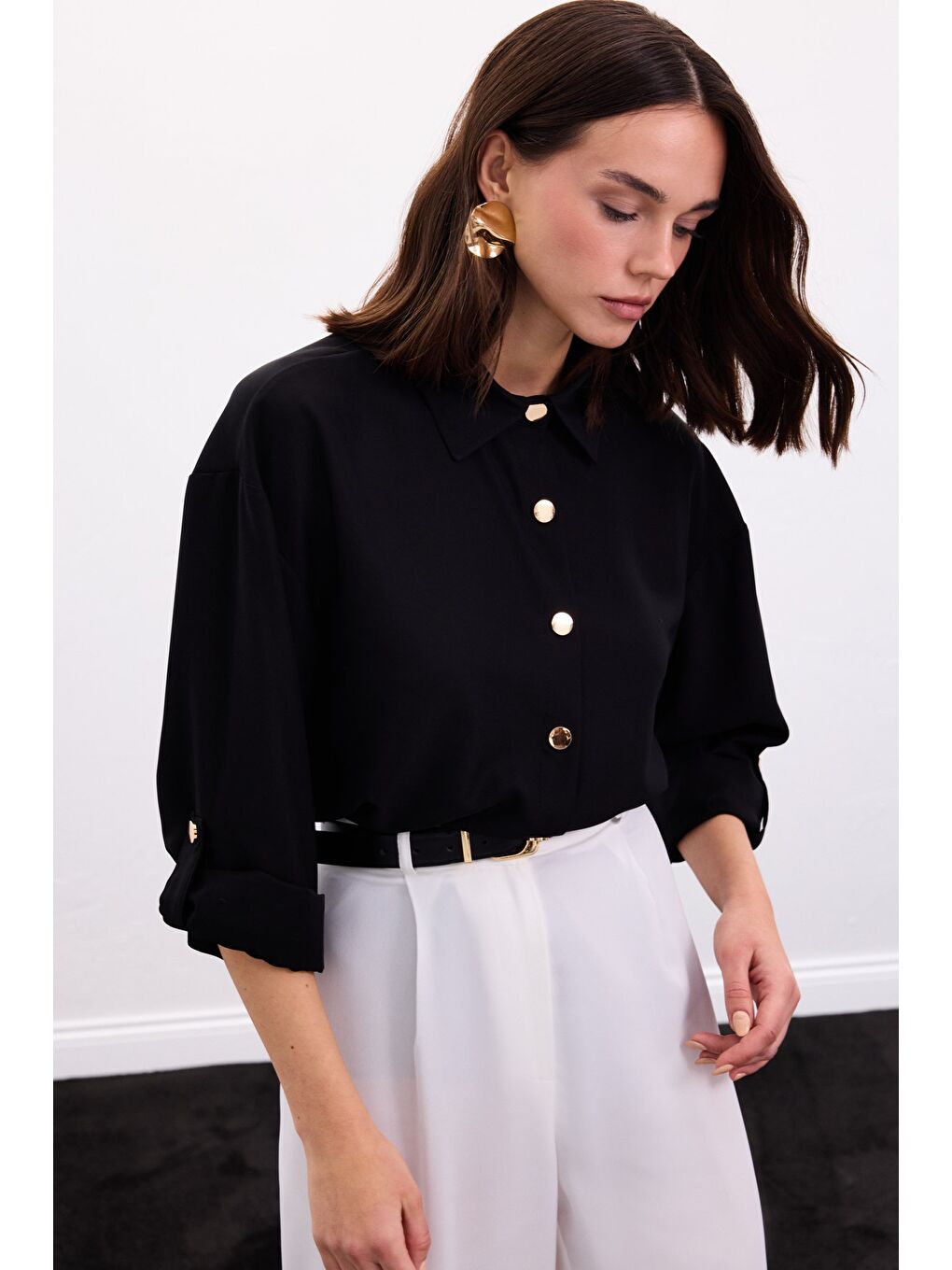 Çıtçıt Detaylı Gömlek - Siyah-3