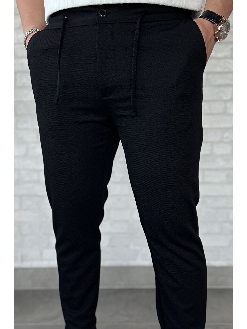 Siyah Erkek Bel Bağlamalı Pantolon-3