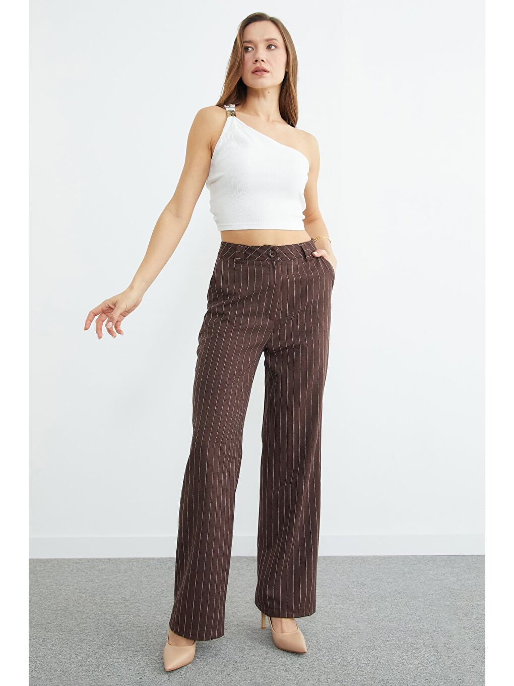 Kahverengi Çizgili Yüksek Bel Palazzo Pantolon-4