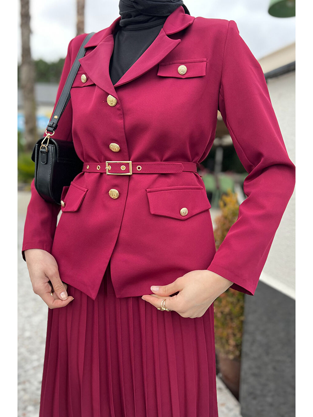 Bordo Kadın Kemer Aksesuarlı Blazer Ceket Etek Tesettür İkili Takım-5