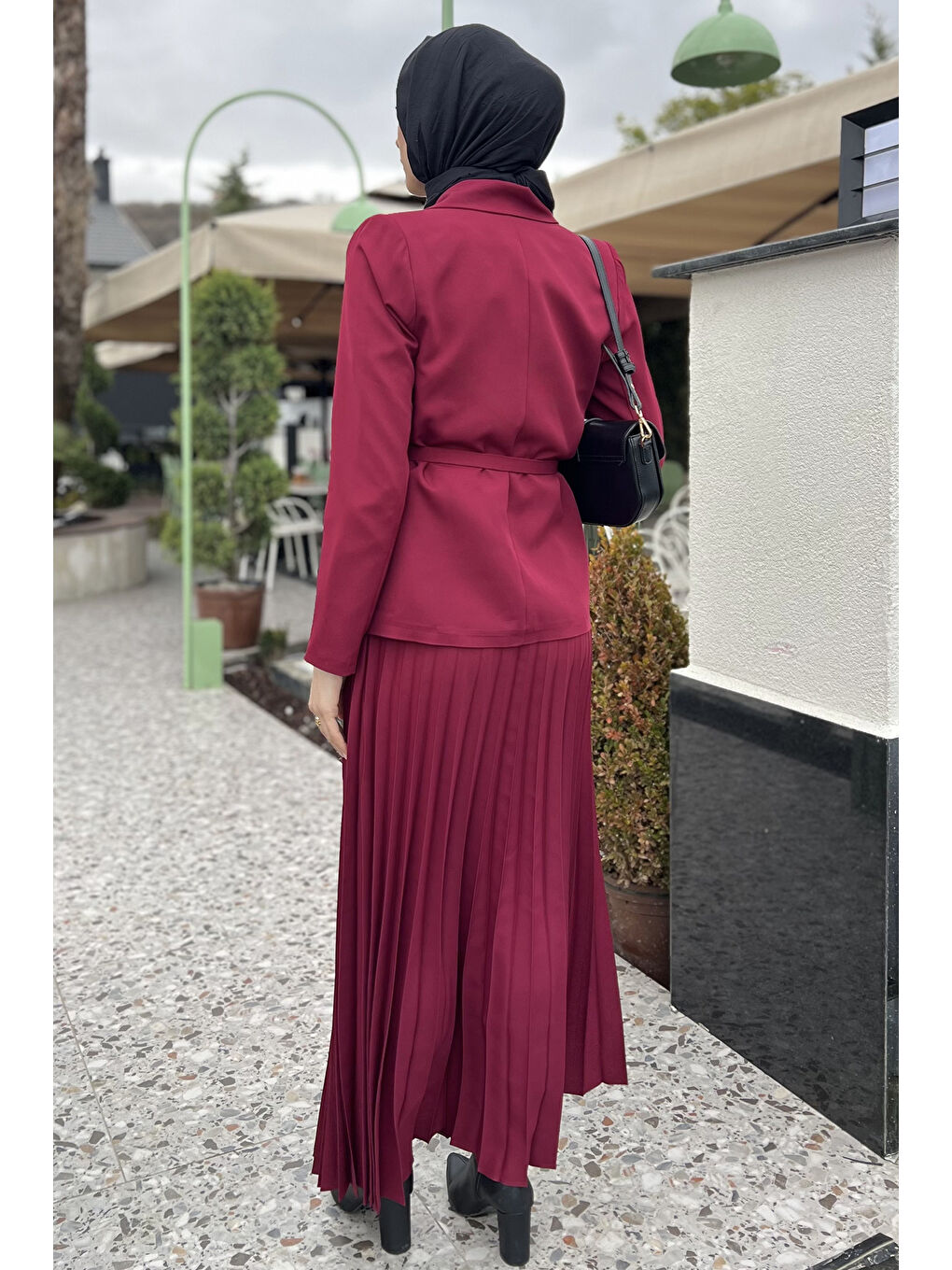 Bordo Kadın Kemer Aksesuarlı Blazer Ceket Etek Tesettür İkili Takım-6