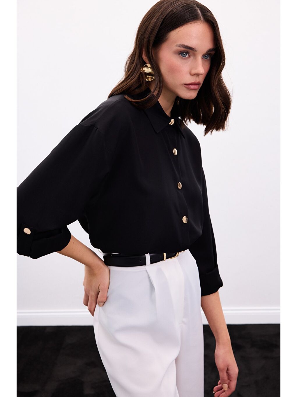 Çıtçıt Detaylı Gömlek - Siyah-6