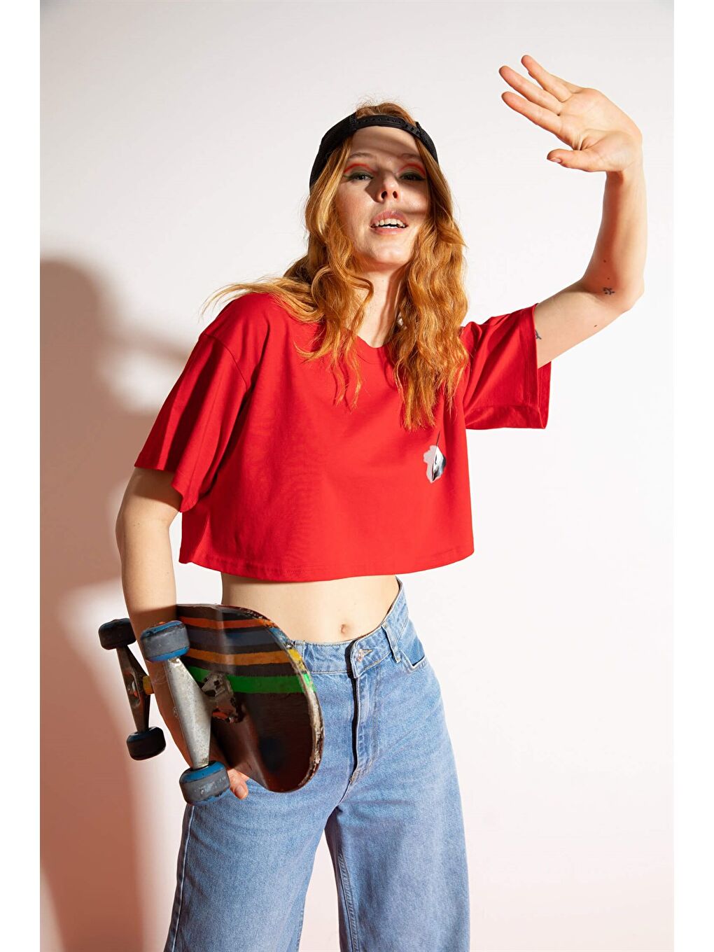 Kadın Kısa Shadow Panda Kırmızı T-Shirt-1