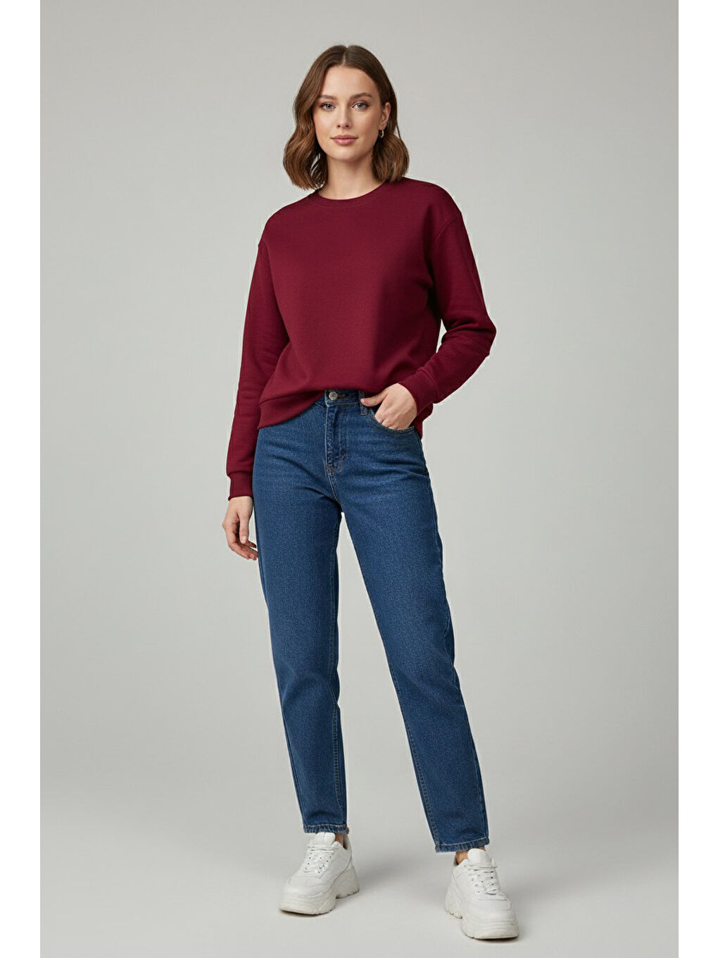 Kadın Bisiklet Yaka Oversize Sweatshirt Bordo - 27955-BORDO-1