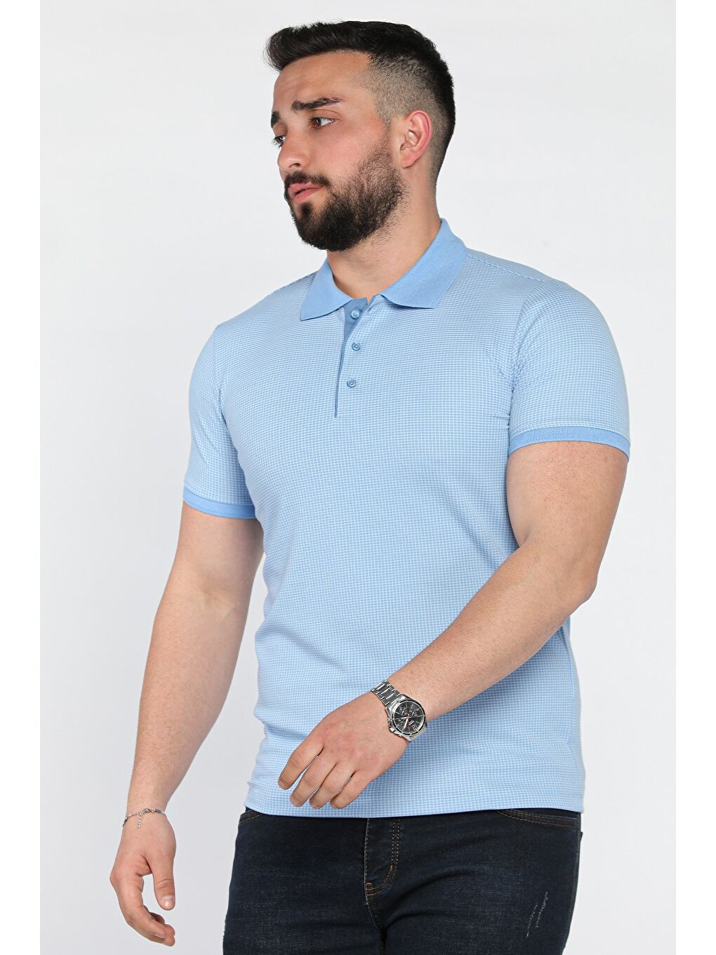 Mavi Erkek Polo Yaka Yarım Düğmeli Tişört-1