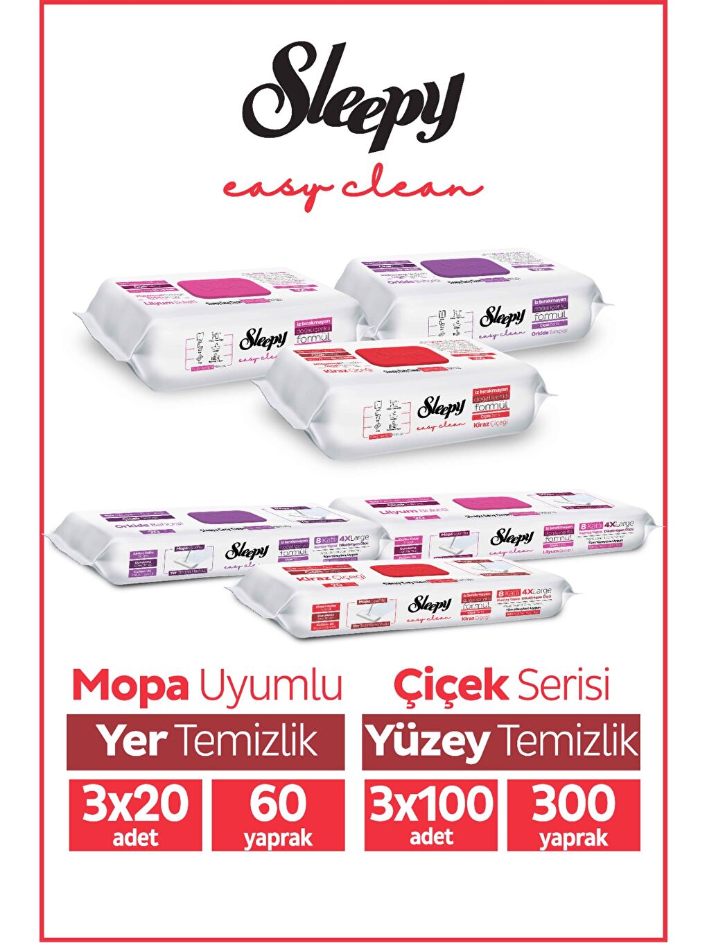 Easy Clean Çiçek Serisi 3x100 Yüzey & 3x20 Yer Temizlik Havlusu&Mendili Karma Paket