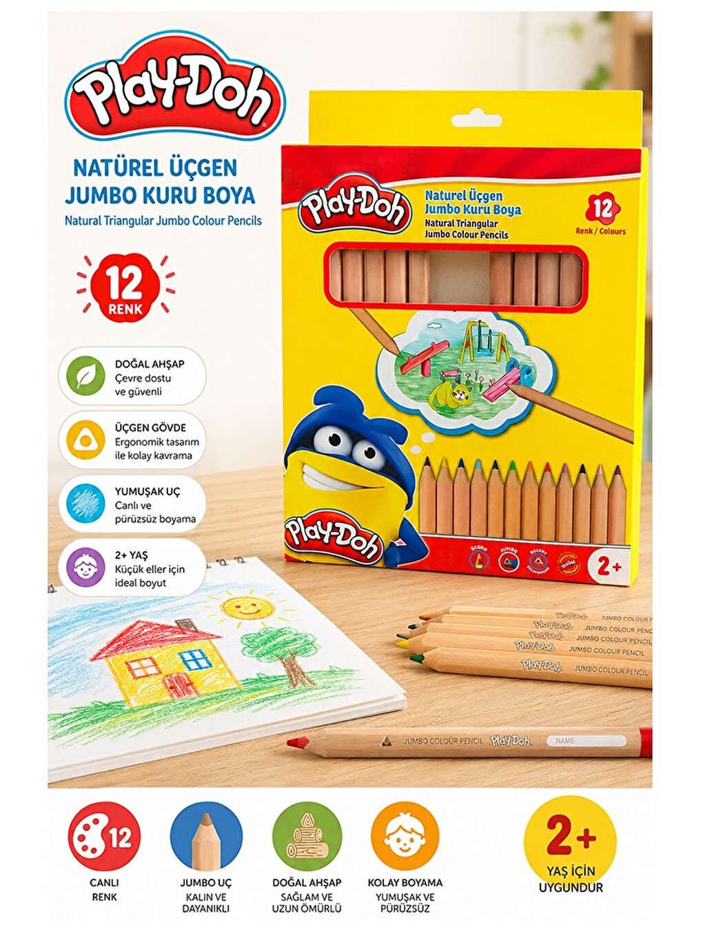 12 Li Jumbo Kuru Boya Kalemi Naturel Karton Kutu 1 Paket Kalın 12 Renk Jumbo Kuruboya Tam B