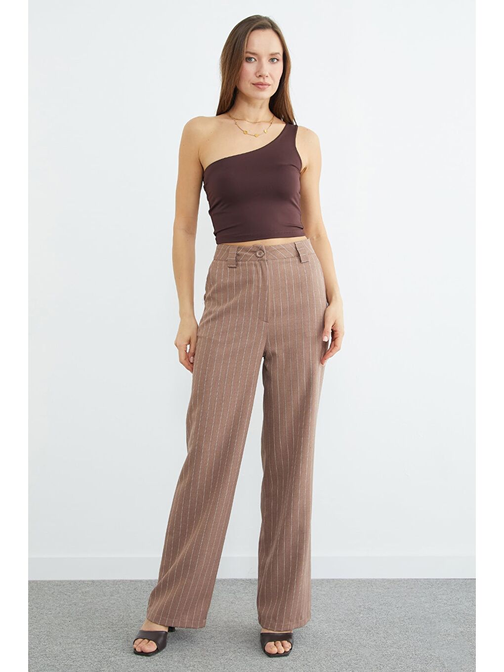 Kahverengi Çizgili Yüksek Bel Palazzo Pantolon-1