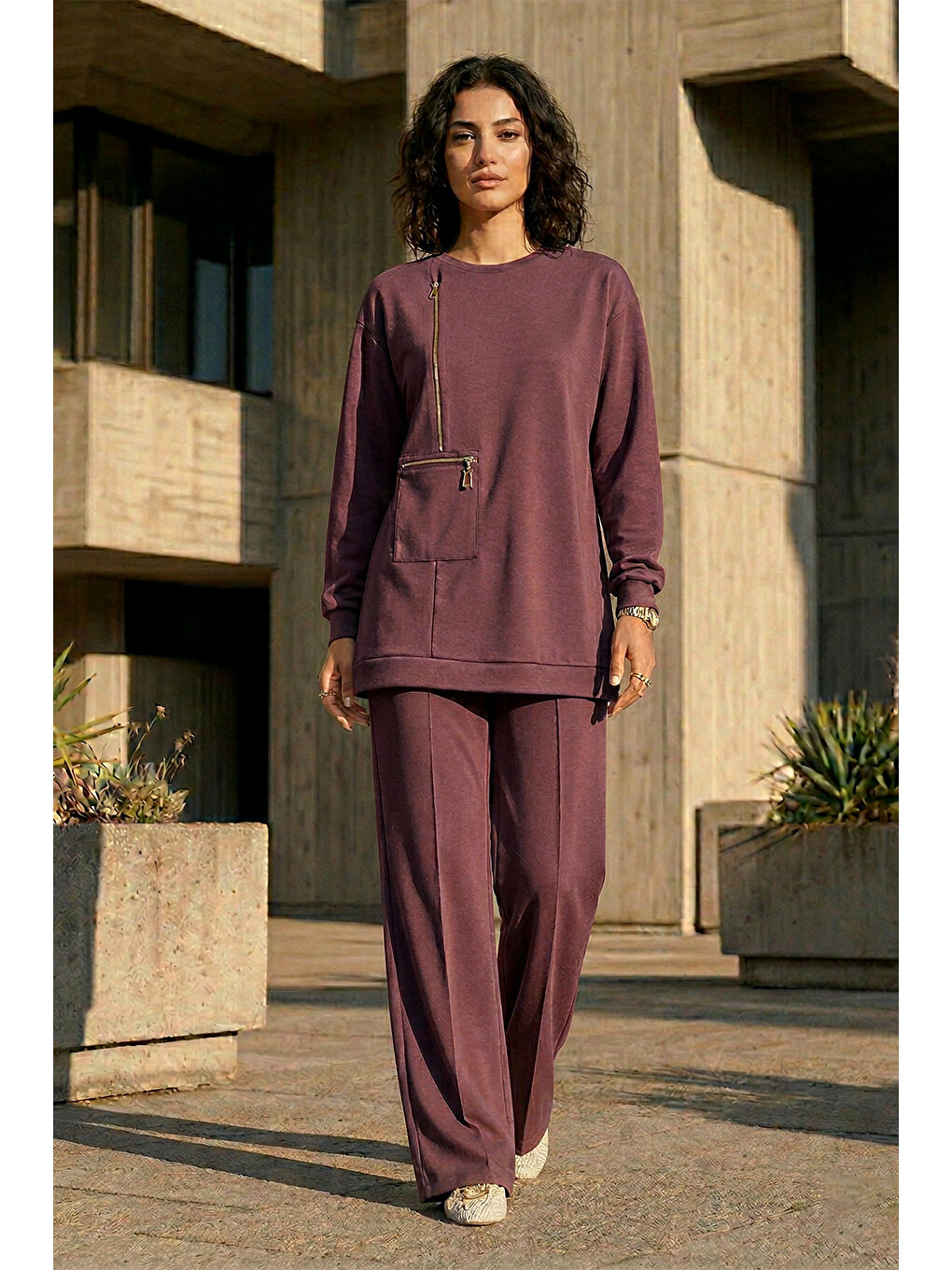 Fermuar ve Nervür Detay Tunik Pantolon Takım 1077 Mürdüm-1
