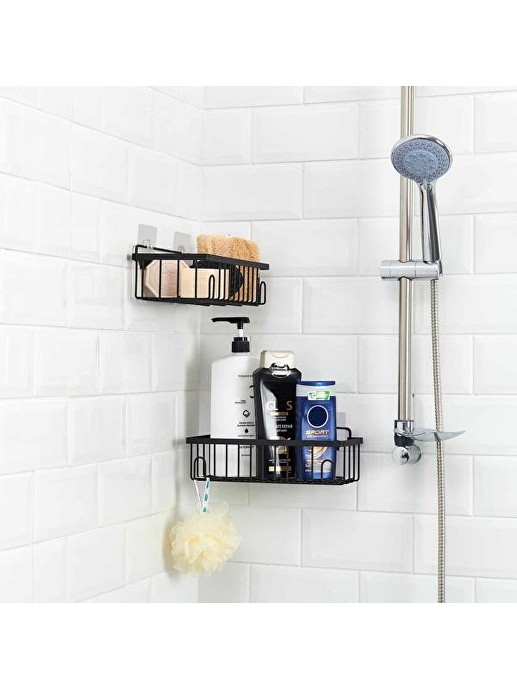 2'li Kancalı Banyo Duş Rafı - Siyah