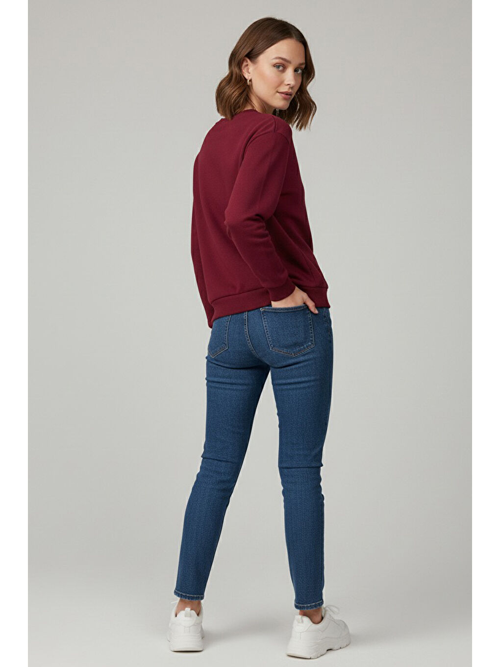 Kadın Bisiklet Yaka Oversize Sweatshirt Bordo - 27955-BORDO-2