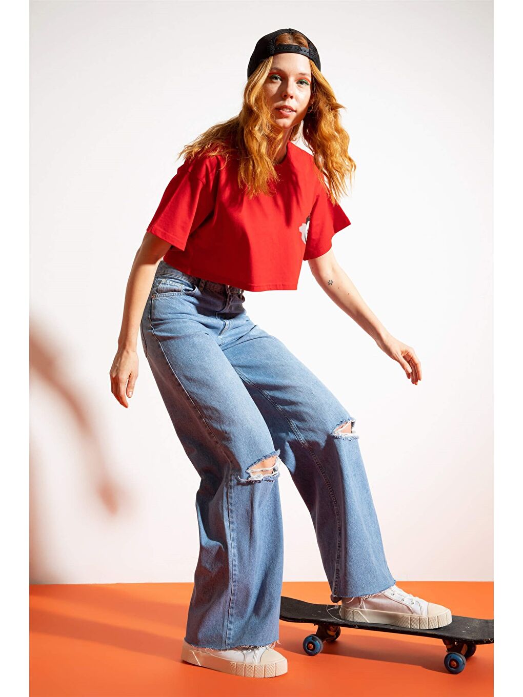 Kadın Kısa Shadow Panda Kırmızı T-Shirt-2