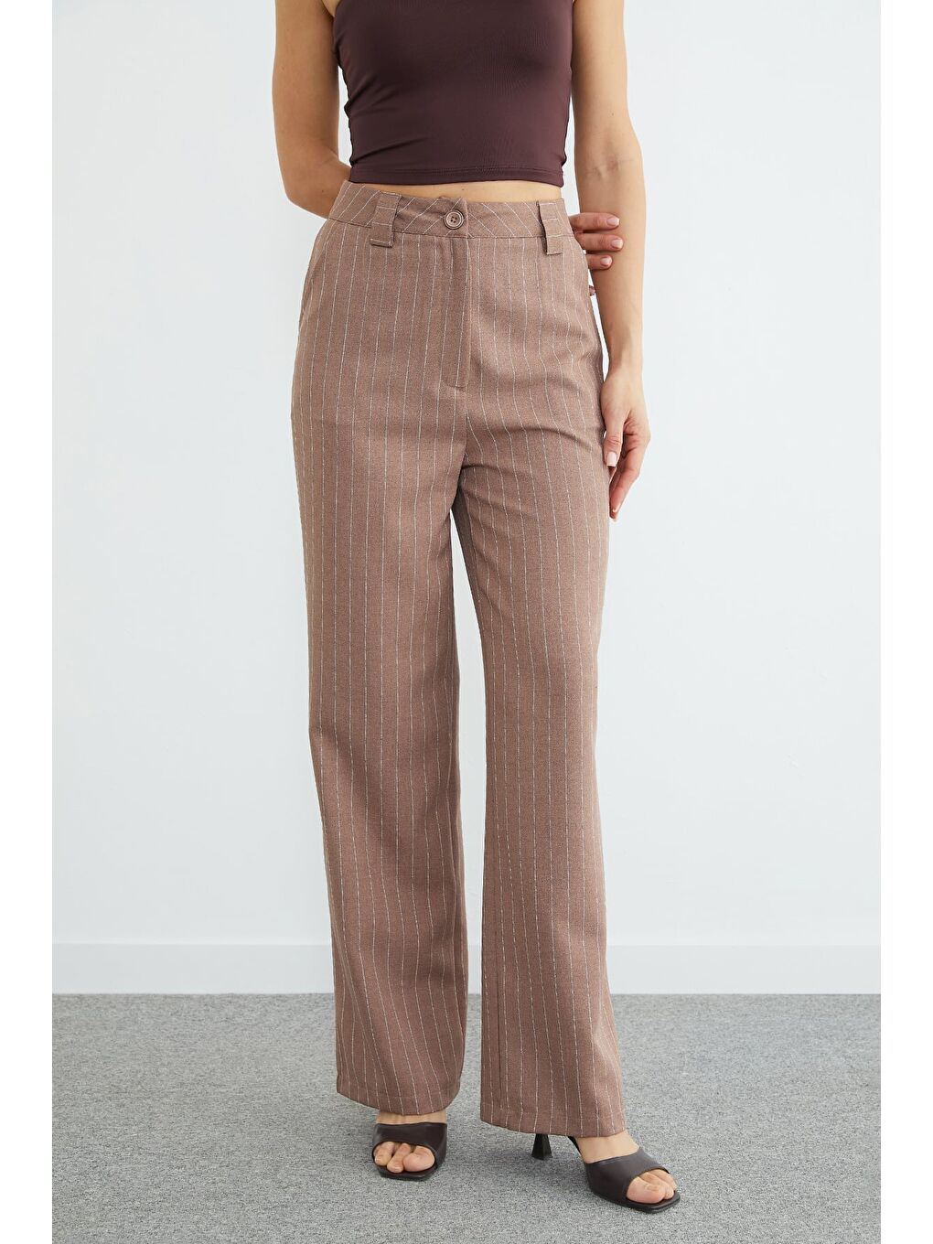 Kahverengi Çizgili Yüksek Bel Palazzo Pantolon-2
