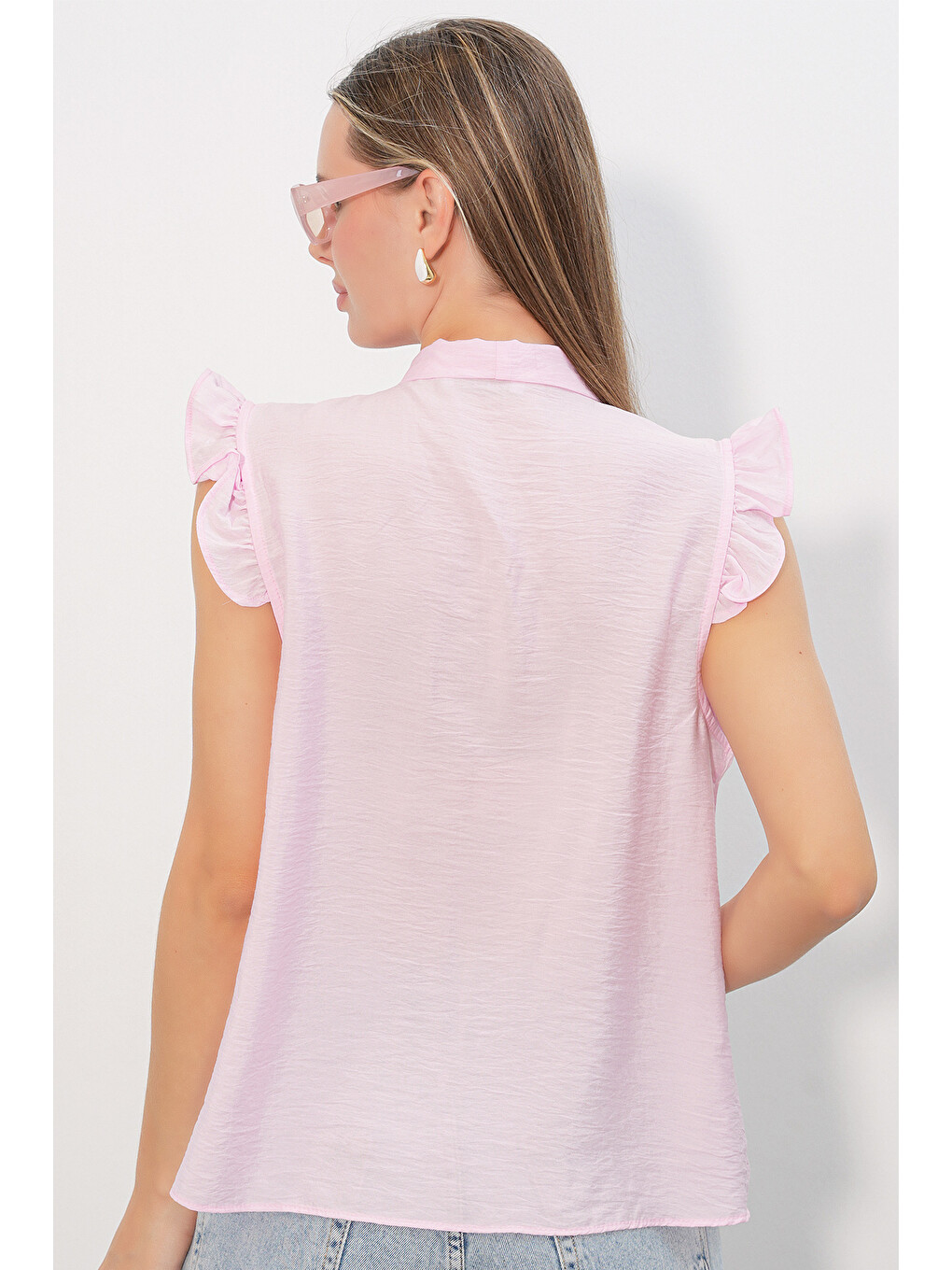 Kadın Yaka Bağlamalı Sıfır Kol Gömlek 40038 - Pembe-5