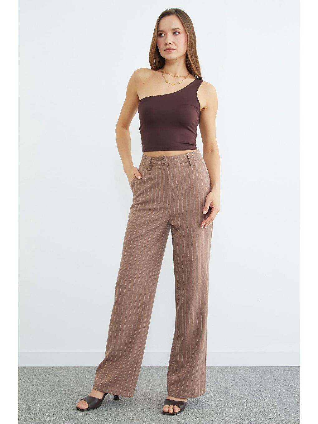 Kahverengi Çizgili Yüksek Bel Palazzo Pantolon-3