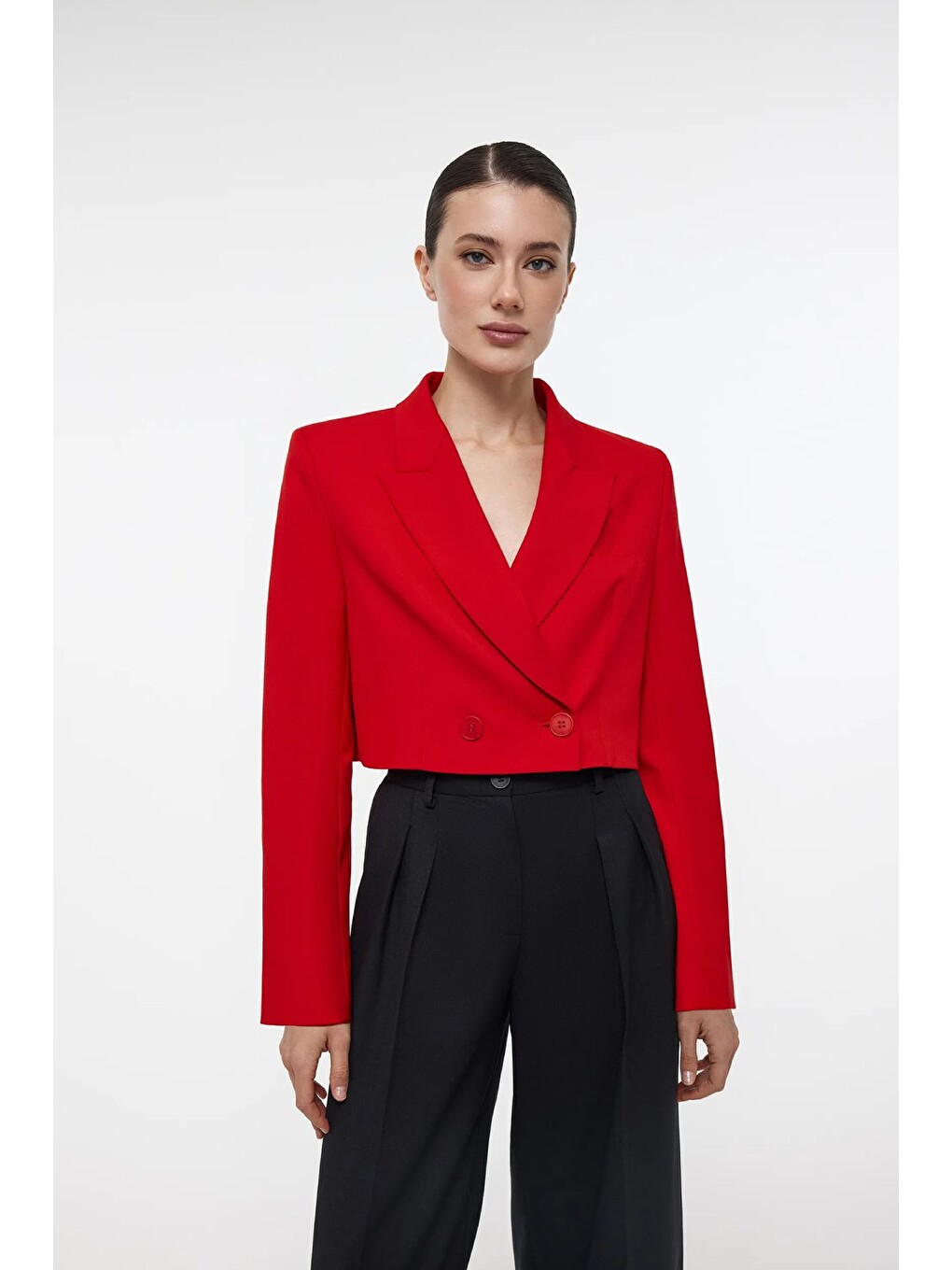 Kırmızı Kadın Regular Fit Kruvaze Kapama Dokuma Crop Blazer Ceket -Şık & Spor