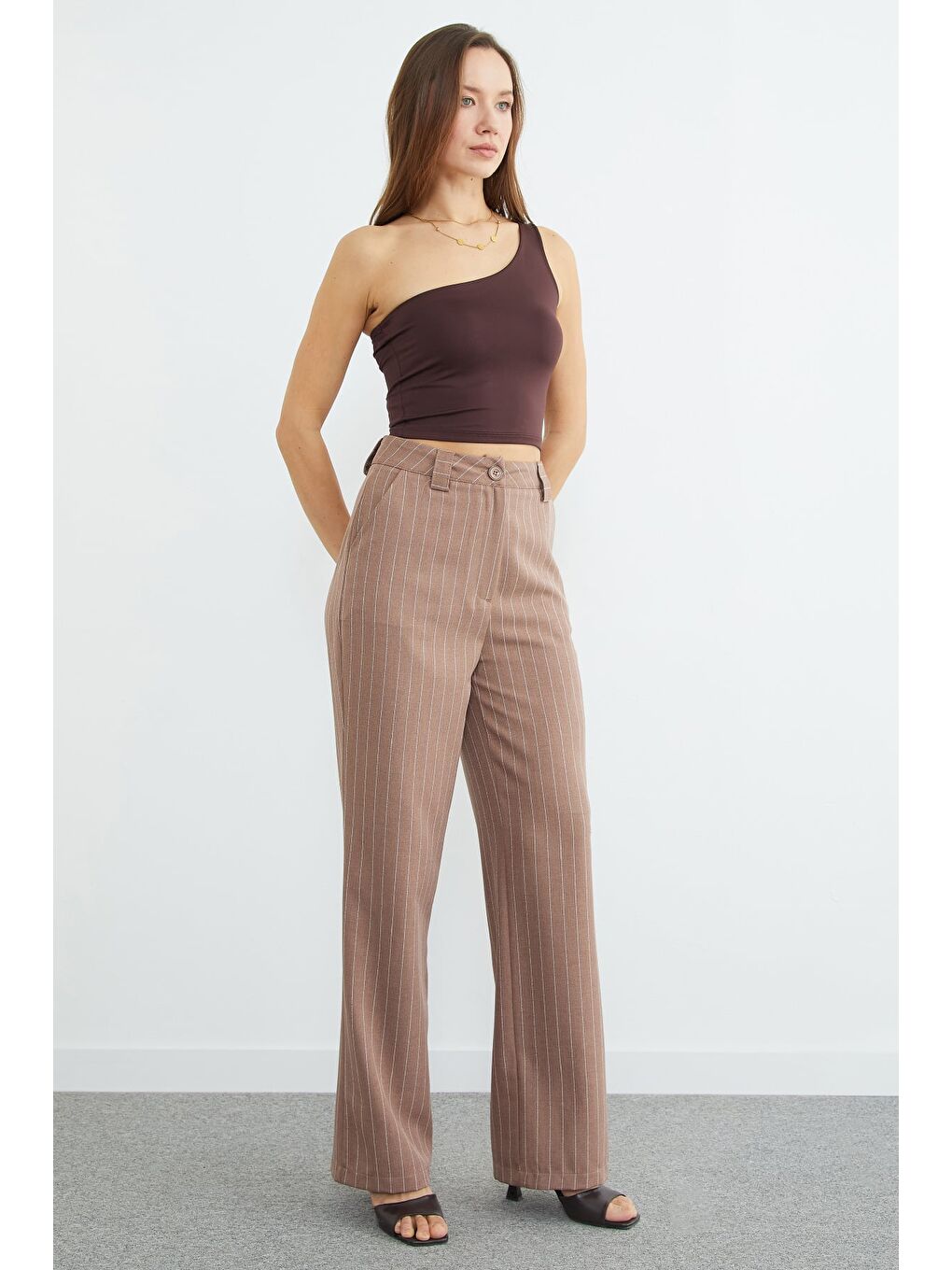 Kahverengi Çizgili Yüksek Bel Palazzo Pantolon-4