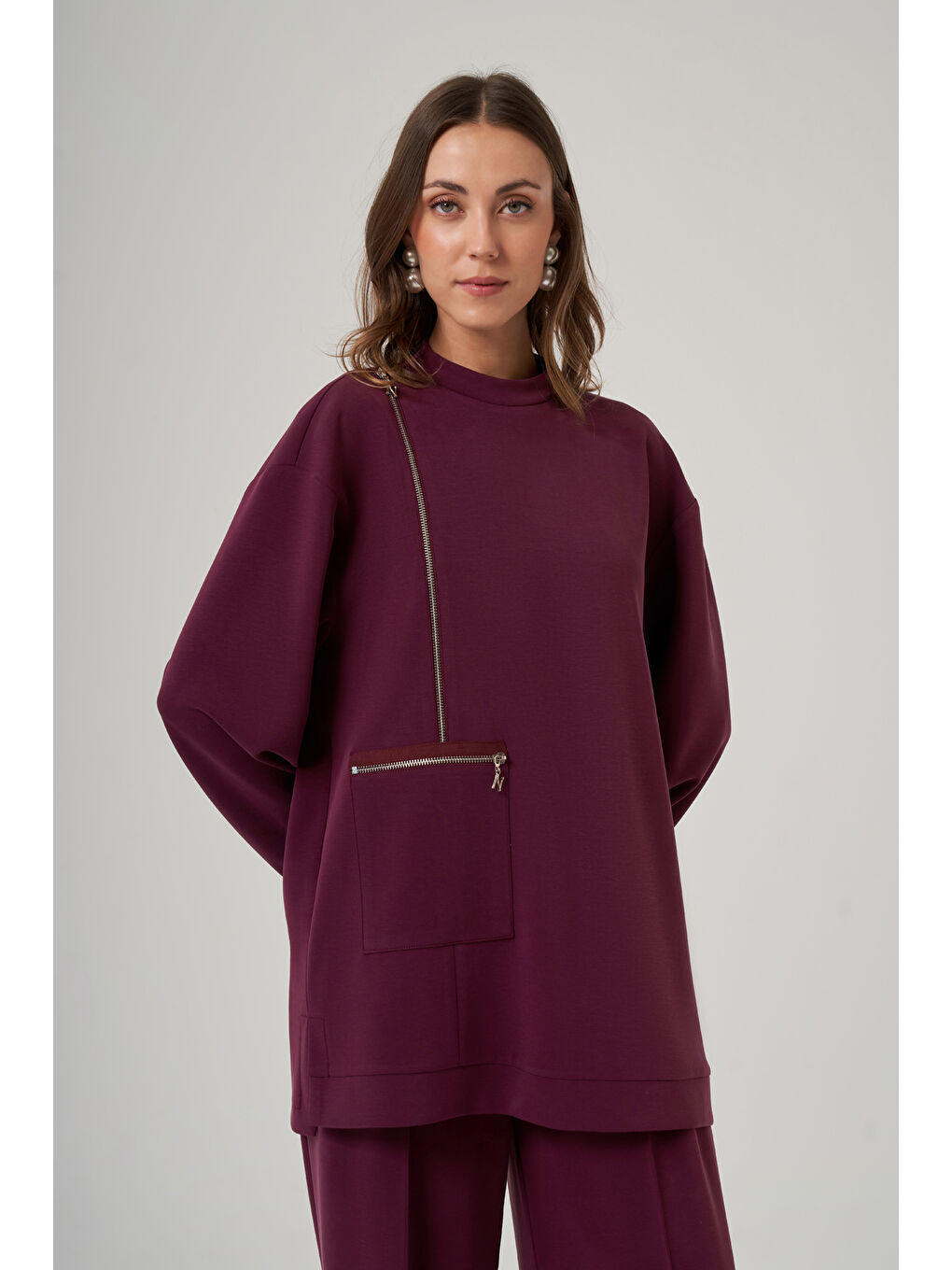 Fermuar ve Nervür Detay Tunik Pantolon Takım 1077 Mürdüm-2