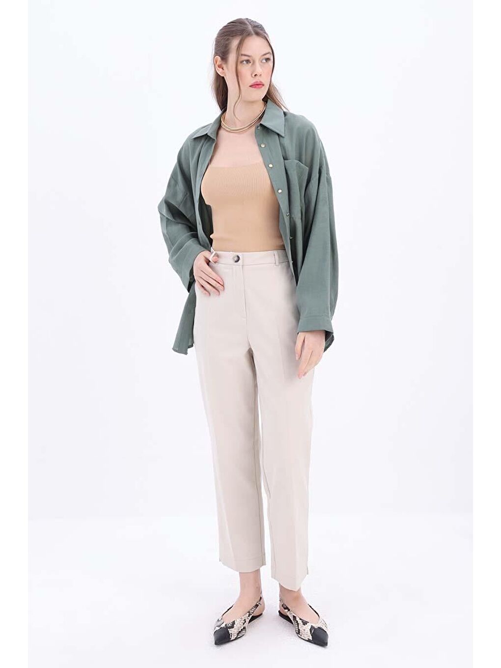 Açık Bej-Pamuklu Rahat Kalıp Kumaş Pantolon