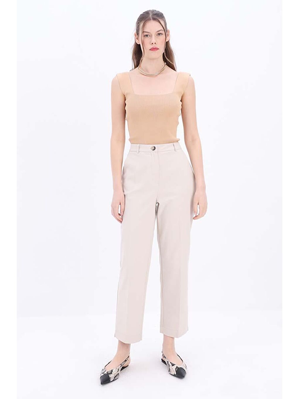 Açık Bej-Pamuklu Rahat Kalıp Kumaş Pantolon-1