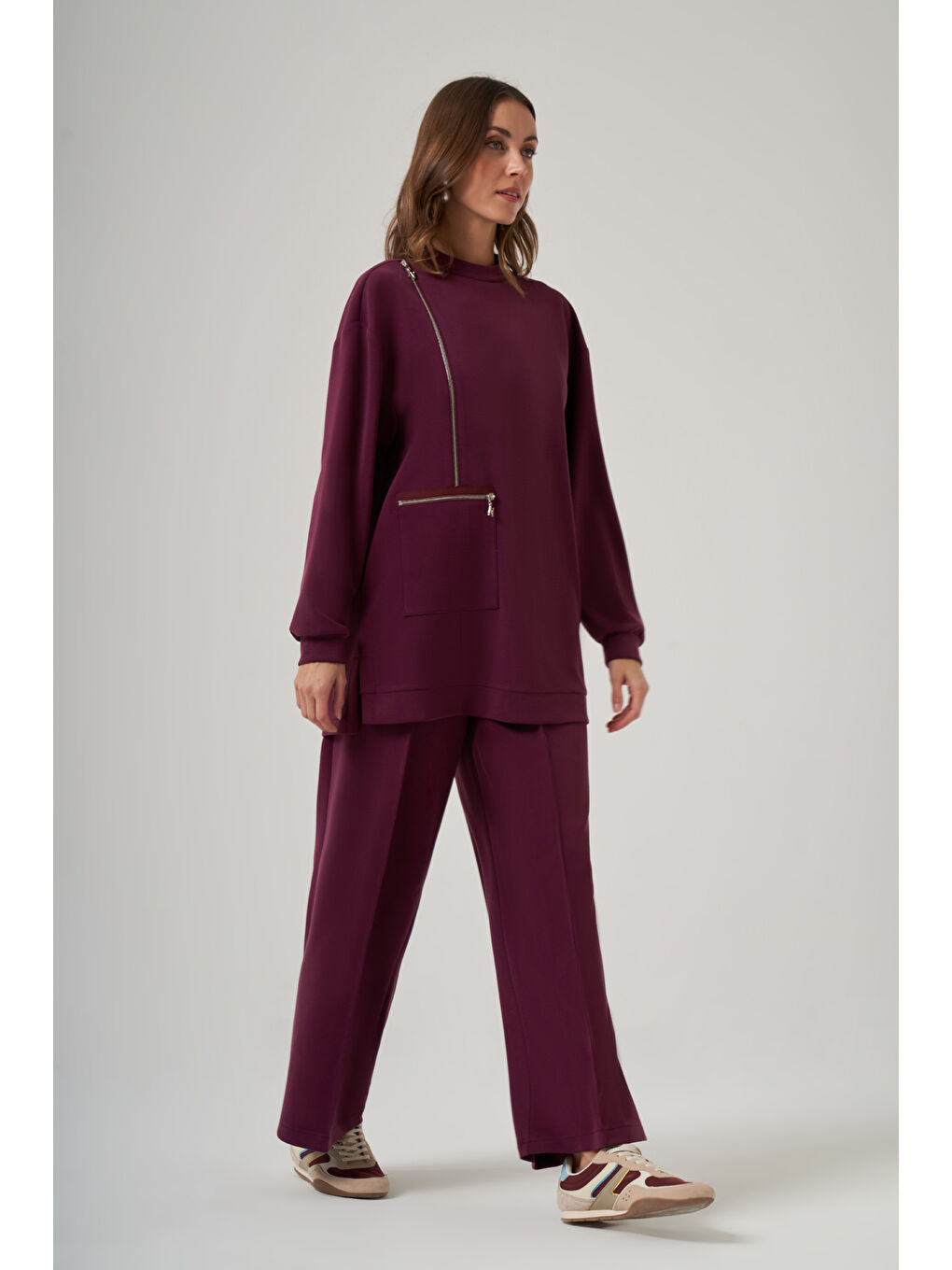 Fermuar ve Nervür Detay Tunik Pantolon Takım 1077 Mürdüm-3