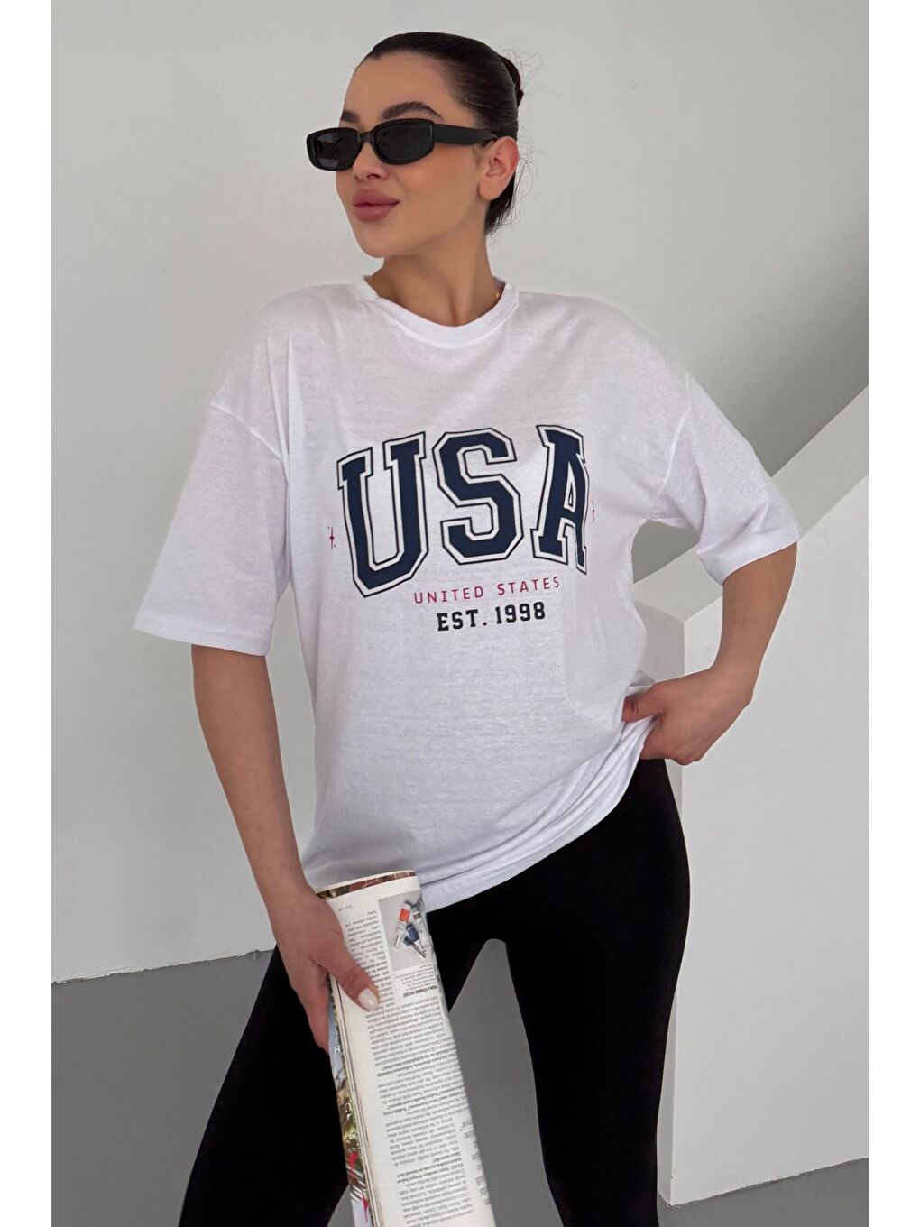 Kadın Beyaz Bisiklet Yaka USA Baskılı Oversize T Shirt-1
