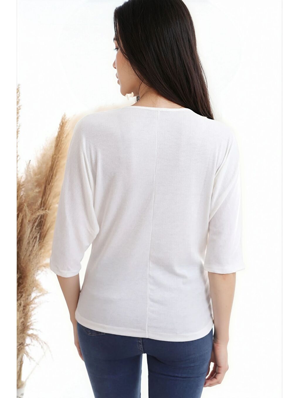 Ekru Kaşkorse Yaka Dantelli Yarasa Kol Bluz EKRU-2