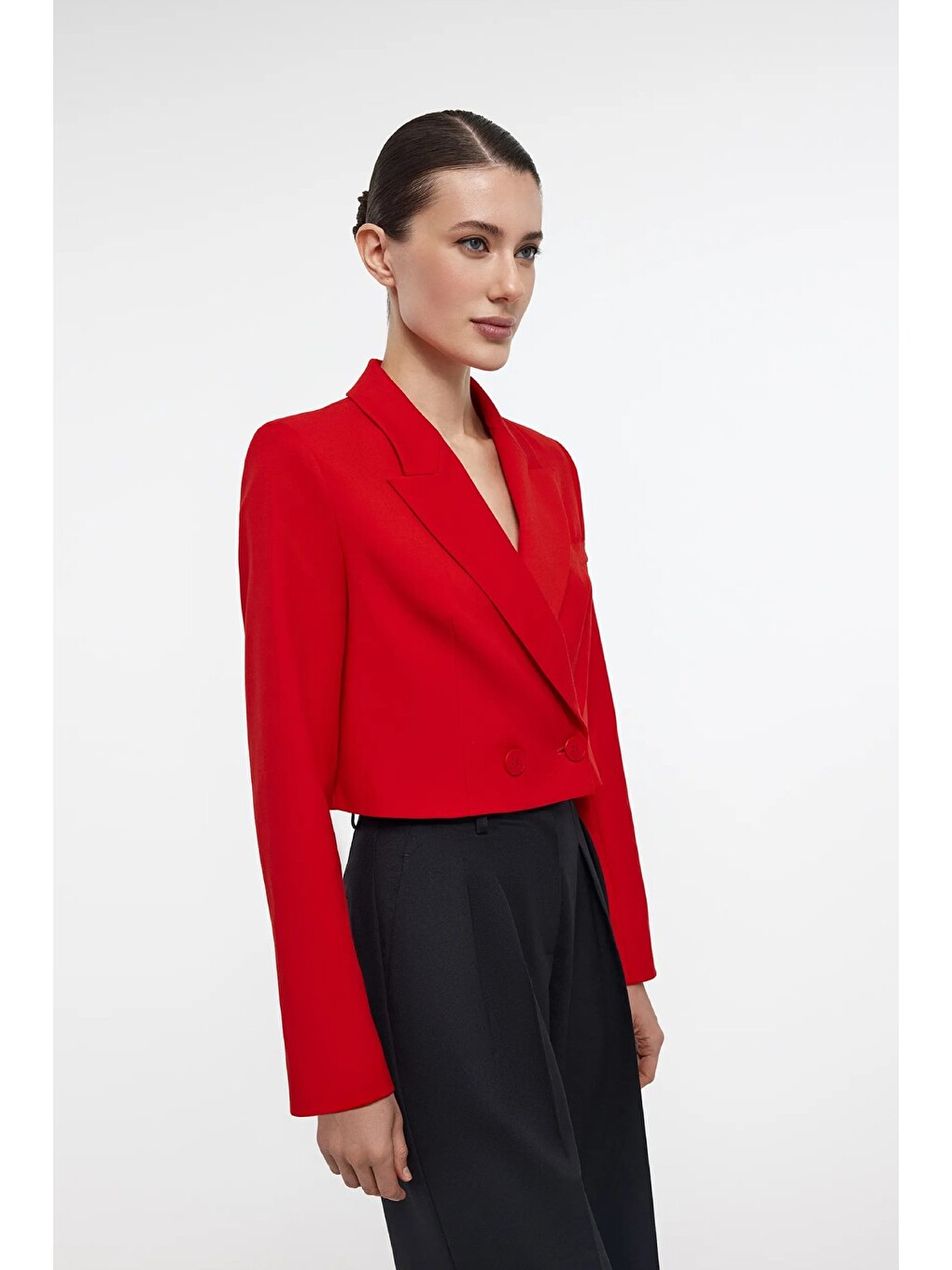 Kırmızı Kadın Regular Fit Kruvaze Kapama Dokuma Crop Blazer Ceket -Şık & Spor-1